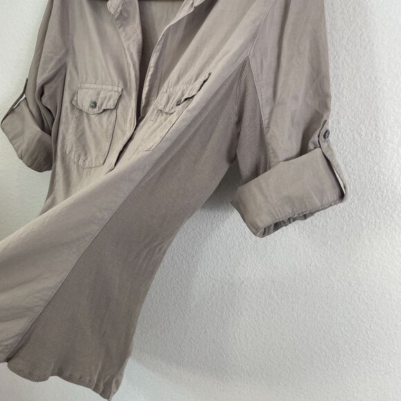 James Perse 4 Womens XL Button Up Side Panel Shirt 100% Pima Cotton Tan Blouse - Picture 7 of 9